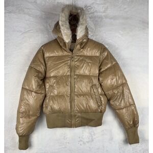 Vintage Southpole Womens M Down Bomber Tan Faux Fur Hooded Y2K Puffer Jacket 90s